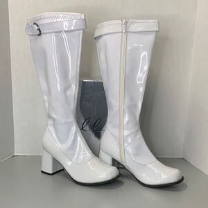 Ellie White Patent Mid-Calf Block Heel Boots with Ankle Strap Size 10